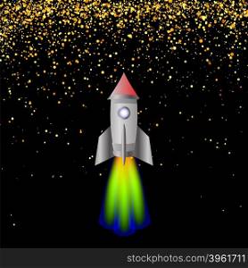 Space Rocket on Hight Starry Sky. Launching Spacectaft.. Space Rocket. Launching Spacectaft.