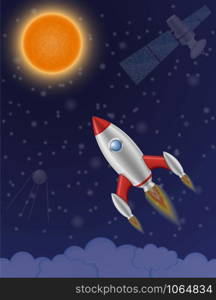 space rocket retro spaceship flying through the starry sky vector illustration