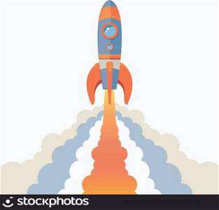 Space rocket ship start cartoon emblem isolated on white background vector illustration
