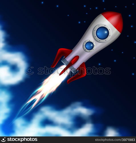 Space rocket take off. Science spaceship launch with blast fire vector illustration. Ship launch to space, spacecraft or rocket flight. Space rocket take off. Science spaceship launch with blast fire vector illustration