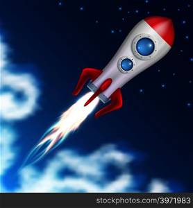Space rocket take off. Science spaceship launch with blast fire vector illustration. Ship launch to space, spacecraft or rocket flight. Space rocket take off. Science spaceship launch with blast fire vector illustration