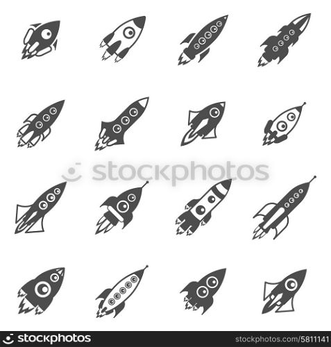 Space Rockets Black White Icons Set . Space rockets black white icons set with start and flight flat isolated vector illustration