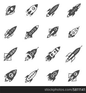 Space Rockets Black White Icons Set . Space rockets black white icons set with start and flight flat isolated vector illustration