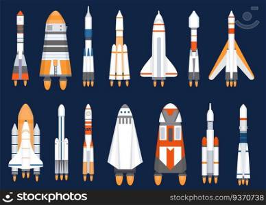 Space rockets. Flat spaceship shuttles launched for cosmic explore mission. Futuristic galaxy technology, spacecraft ship vector set. Illustration rocket spacecraft, cosmic shuttle and spaceship. Space rockets. Flat spaceship shuttles launched for cosmic explore mission. Futuristic galaxy travel technology, spacecraft ship vector set