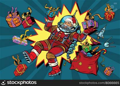 Space Santa Claus in zero gravity with Christmas gifts, pop art retro vector illustration. Comic background