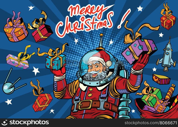 Space Santa Claus in zero gravity with Christmas gifts, pop art retro vector illustration. Greeting the inscription Merry Christmas