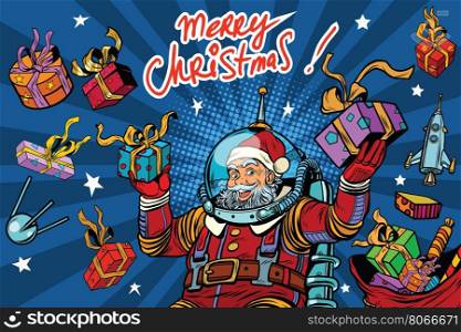 Space Santa Claus in zero gravity with Christmas gifts, pop art retro vector illustration. Greeting the inscription Merry Christmas