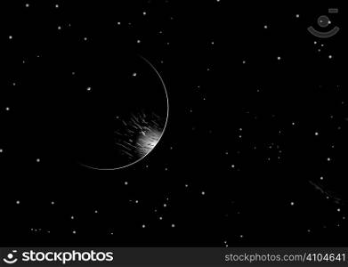 Space scene with light creeping around a distant planet