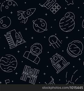 Space seamless pattern. Futuristic universe background with astronaut shuttle rocket stars and planets vector textile design project. Futuristic universe and planet, pattern cosmos sky illustration. Space seamless pattern. Futuristic universe background with astronaut shuttle rocket stars and planets vector textile design project