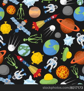 Space seamless pattern. Planets and rockets, UFO and alien, satellite and astronaut. Vector illustration&#xA;