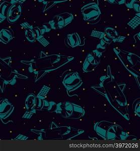 Space seamless pattern with shuttle, backgorund with international space station and stars. Vector illustration. Space seamless pattern with shuttle, international space station and stars