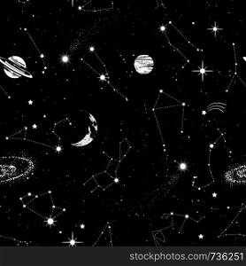 Space seamless pattern with zodiac constellations, galaxy, stars, planets in outer space. Texture for wallpapers, fabric, wrap, web page backgrounds, vector illustration