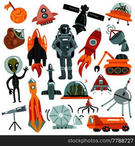 Space set of hand drawn icons with rockets and robots, satellites, astronaut and alien isolated vector illustration  . Space Hand Drawn Icons Set