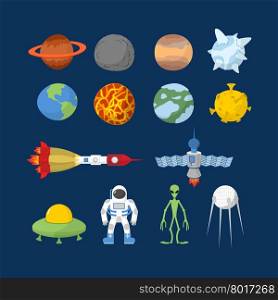 Space set of icons. Vector Illustrator. Cartoon heroes: alien and UFO, astronaut and planets of solar system. Space rocket and satellite.