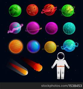 Space set of planets, comets and astronaut. Bright colorful planets for the game. Space background, galaxy.. Space set of planets, comets and astronaut.