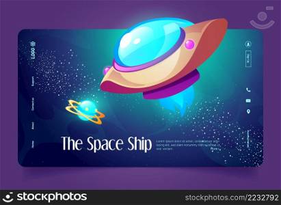 Space ship banner with shuttle and satellite in cosmos. Vector landing page with cartoon illustration of flying spaceship, futuristic rocket with blue fire on galaxy background. Space ship banner with shuttle and satellite