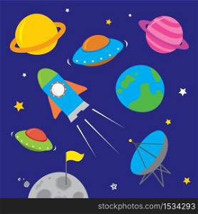 Space ship icons with planets, rockets, stars and astronaut cartoon vector.