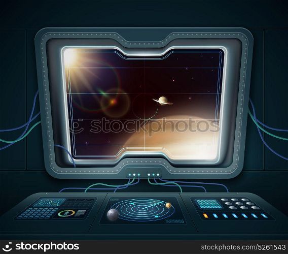 Space Ship Window Illustration . Space ship window with space planets and stars cartoon vector illustration