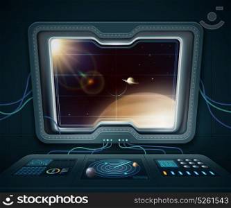 Space Ship Window Illustration . Space ship window with space planets and stars cartoon vector illustration