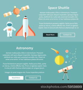 Space shuttle and astronomy web page. Spaceship and space shuttle launch, astronaut and rocket, space station, astrology and star, telescope and galaxy, constellation and science illustration