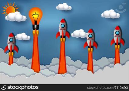 space shuttle and lamps competing for success. creative idea. launch to the sky , start up business concept ,successfuly and Higher goals. vector art and illustration paper