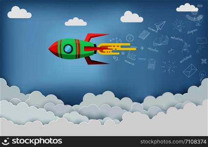 space shuttle are flying up into the sky while flying above a cloud. go to business success goal. leadership. icon and symbol. startup. creative idea. illustration cartoon vector
