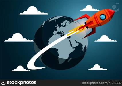 space shuttle icon in circle flat design, long shadow isolated on blue background. illustration cartoon vector