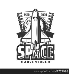 Space shuttle icon, rocket on start and moon with craters vector emblem. Spaceship leave Earth to explore galaxy. Cosmos research, exploration and investigation mission isolated monochrome label. Space shuttle icon vector rocket on start and moon