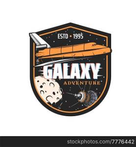 Space shuttle in galaxy vector emblem with spacecraft, moon, satellite in cosmos and glitch effect. Universe exploration. adventure, interstellar traveling vintage label, spaceship explore deep cosmos. Space shuttle in galaxy vector emblem spacecraft