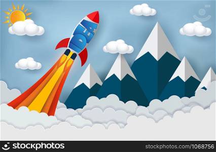 space shuttle launch to the sky. cloud Mountain. start up business finance concept. competing for success and corporate goal. creative idea. icon. vector illustration paper art