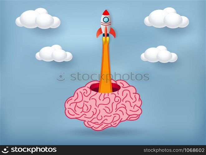 space shuttle launch to the sky from the brain color pink. Financial business ideas are competing for success and corporate goals. Highly competitive, start up art paper.