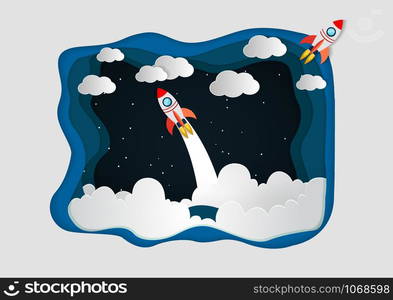 space shuttle launch to the sky, start up business concept, vector art illustration. paper art