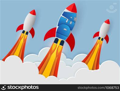 space shuttle launch to the sky. start up business finance concept. competing for success and corporate goal. creative idea. icon. vector illustration paper art