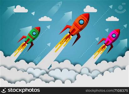 space shuttle launch to the sky while flying above a cloud. start up business finance concept. competing for success and corporate goal. creative idea. icon. vector illustration paper art