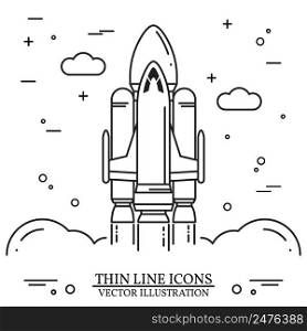 Space shuttle takes off on the white background. Human mission to Mars. For web design and application interface, also useful for infographics. Space shuttle thin line icon. Vector Illustration.. Space shuttle takes off on the white background.