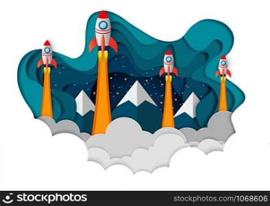 space shuttle The all four are competing for success. launch to the sky , start up business concept , vector art and illustration paper
