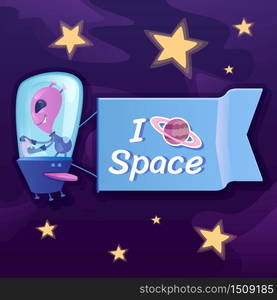 Space social media post mockup. Positive phrase. Web banner design template. Extraterrestrial in spaceship booster, content layout with inscription. Poster, print ads and flat illustration