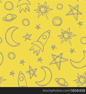 Space star, rocket and planet. Moon sketch. Seamless yellow and gray pattern. Hand drawn vector illustration. Marker doodle. Line art. Repeat contour drawing