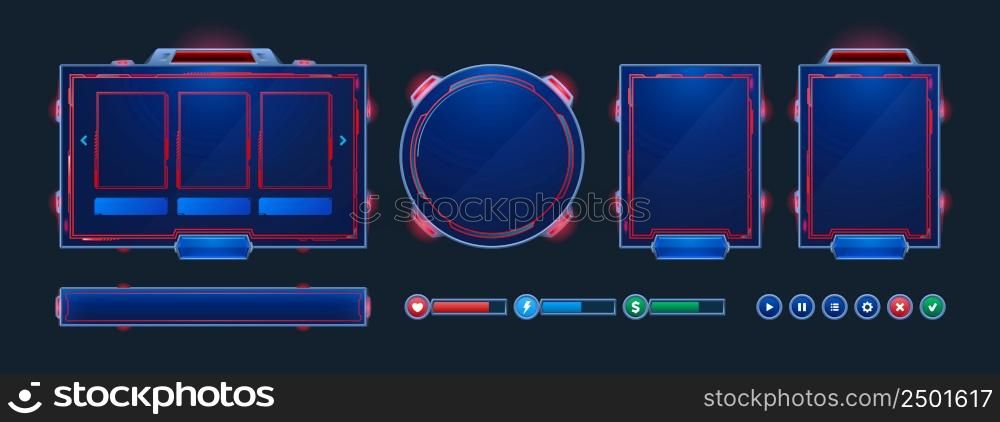 Space stream overlay, game twitch ui frame. Streaming screen, gamer username panels, menu and buttons. Template for esport, online live video, digital user interface glow borders, Cartoon vector set. Space stream overlay, game twitch ui frame, border