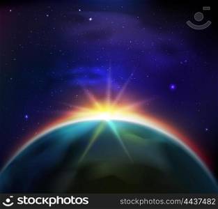 Space Sunrise Background. Sunrise in starry dark sky view from space background vector illustration
