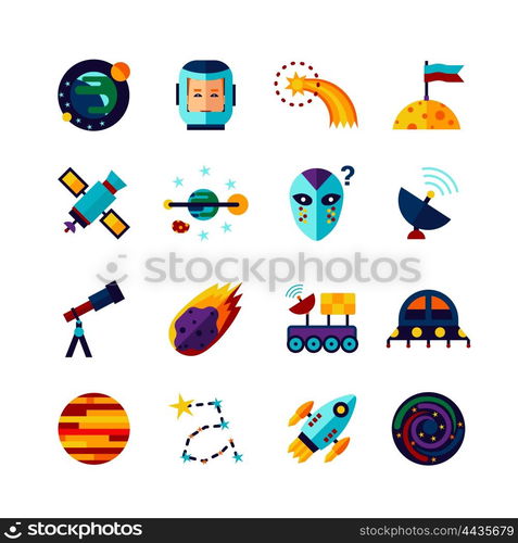 Space Symbols Flat Icons Set. Space symbols Flat Icons Collection with planets cosmonaut spacecraft alien and comet abstract isolated vector illustration