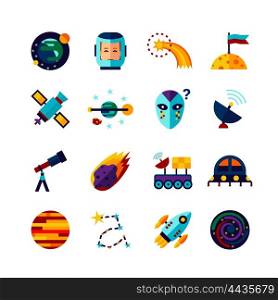 Space Symbols Flat Icons Set. Space symbols Flat Icons Collection with planets cosmonaut spacecraft alien and comet abstract isolated vector illustration