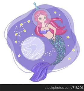 SPACE SYREN Cartoon Cosmos Mermaid Vector Illustration Set