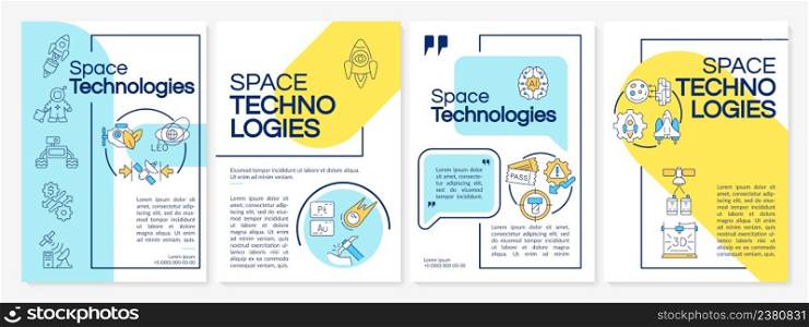 Space technologies blue and yellow brochure template. Equipment for exploration. Leaflet design with linear icons. 4 vector layouts for presentation, annual reports. Questrial, Lato-Regular fonts used. Space technologies blue and yellow brochure template