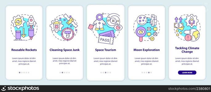 Space technologies onboarding mobile app screen. Exploration walkthrough 5 steps graphic instructions pages with linear concepts. UI, UX, GUI template. Myriad Pro-Bold, Regular fonts used. Space technologies onboarding mobile app screen