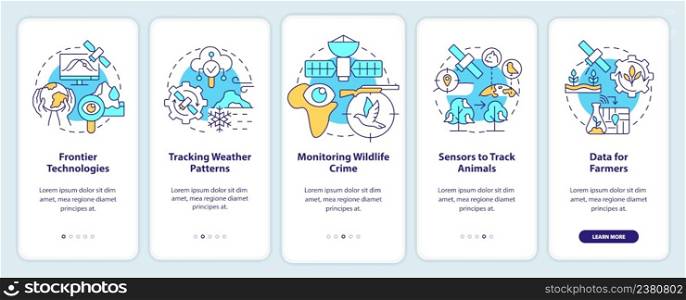 Space technology and climate change onboarding mobile app screen. Walkthrough 5 steps graphic instructions pages with linear concepts. UI, UX, GUI template. Myriad Pro-Bold, Regular fonts used. Space technology and climate change onboarding mobile app screen