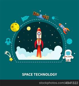 Space Technology Concept . Space technology concept spaceship and satellite symbols flat vector illustration