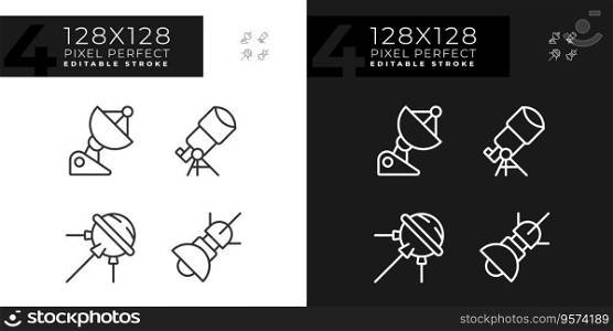 Space technology pixel perfect linear icons set for dark, light mode. Scientific research. Rocket science. Thin line symbols for night, day theme. Isolated illustrations. Editable stroke. Space technology pixel perfect linear icons set for dark, light mode