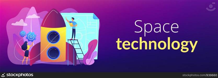Space technology specialist and engineer constructing rocket, tiny people. Space technology, aerospace industry, space exploration process concept. Header or footer banner template with copy space.. Space technology concept banner header.