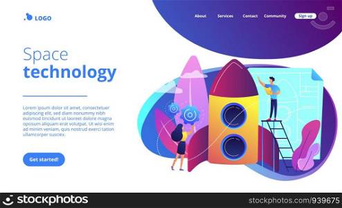 Space technology specialist and engineer constructing rocket, tiny people. Space technology, aerospace industry, space exploration process concept. Website vibrant violet landing web page template.. Space technology concept landing page.